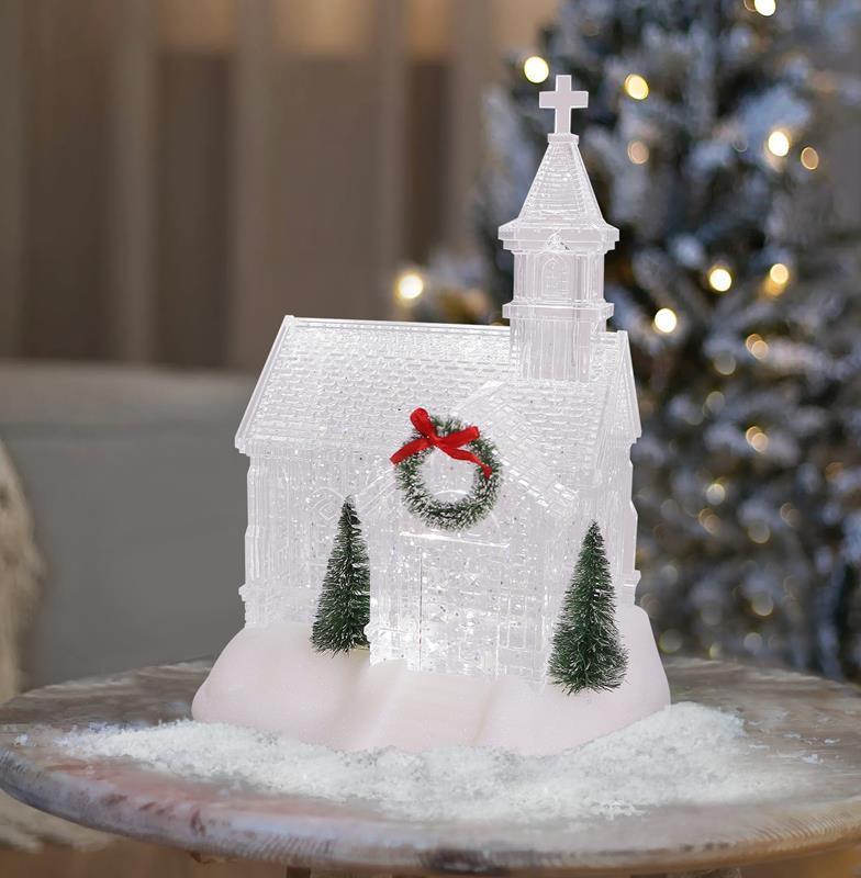 9.5" Ivory Christmas Village Glitter Church,74518-C